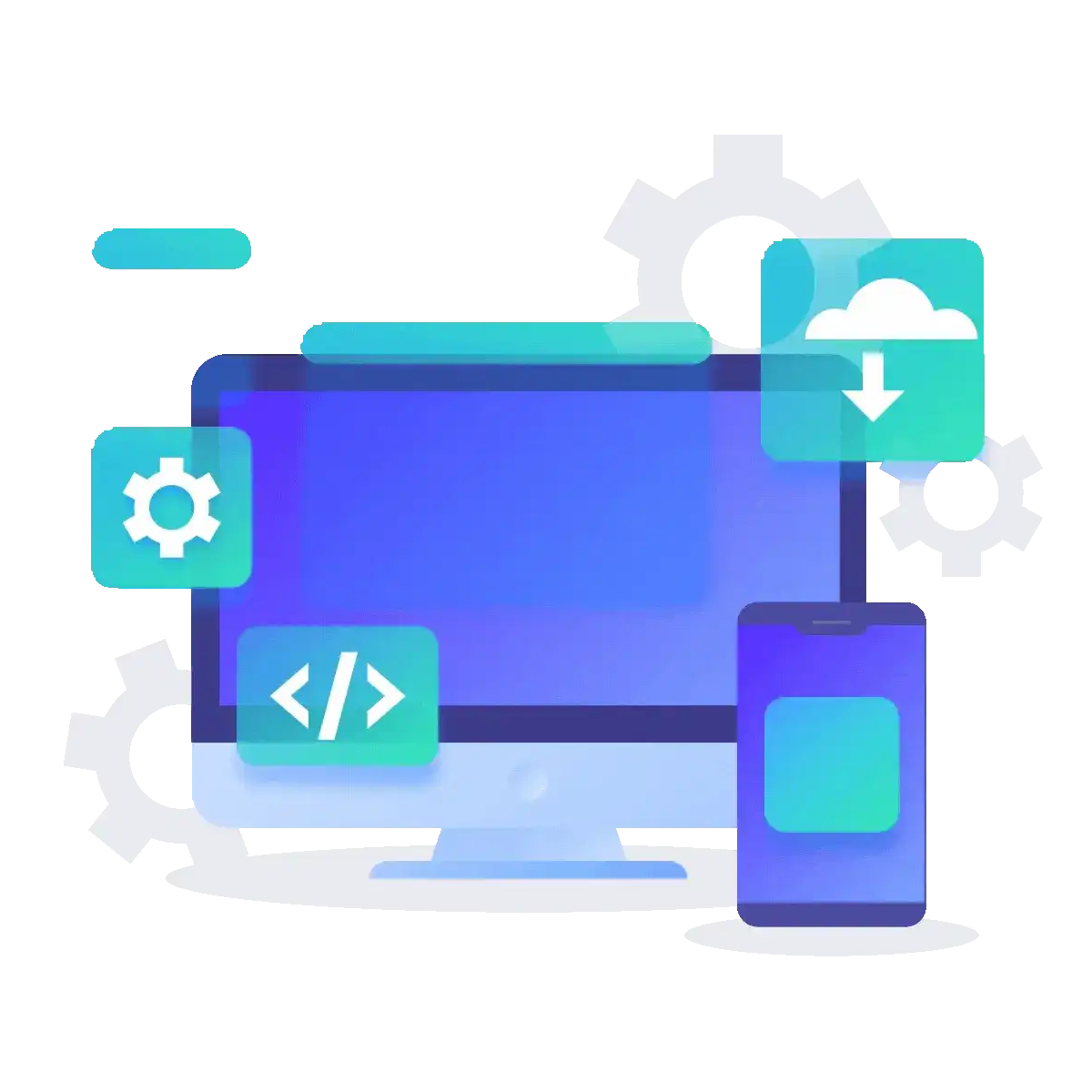 Illustration of a developer workstation with code and cloud icons